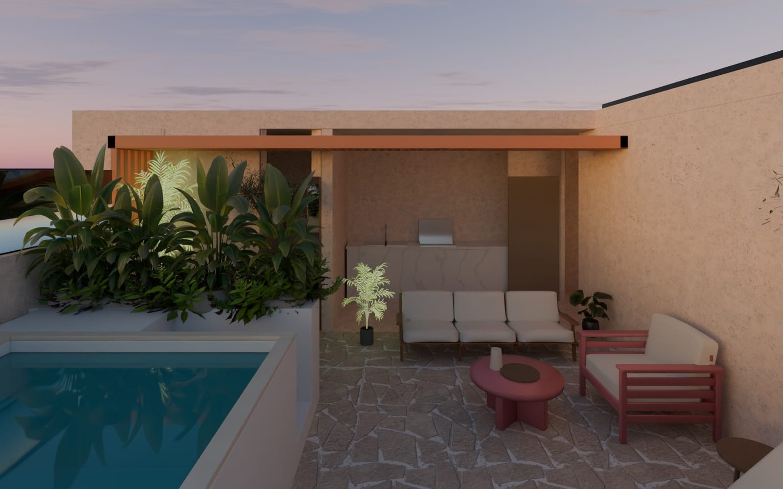 Private rooftop with plunge pool at dusk