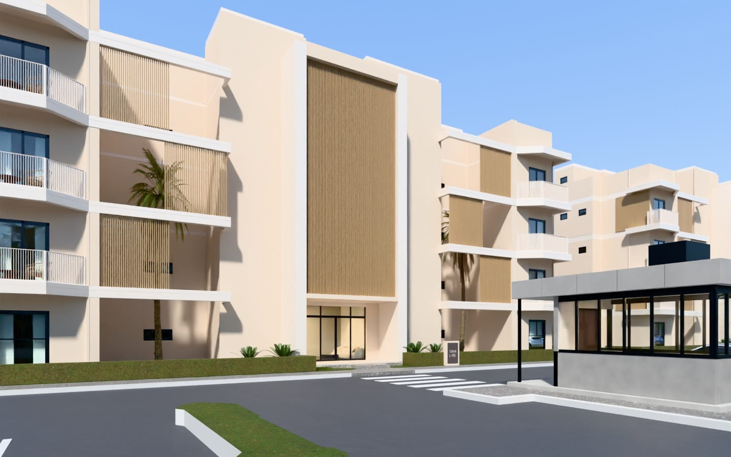 Module A facade with the entrance and gatehouse