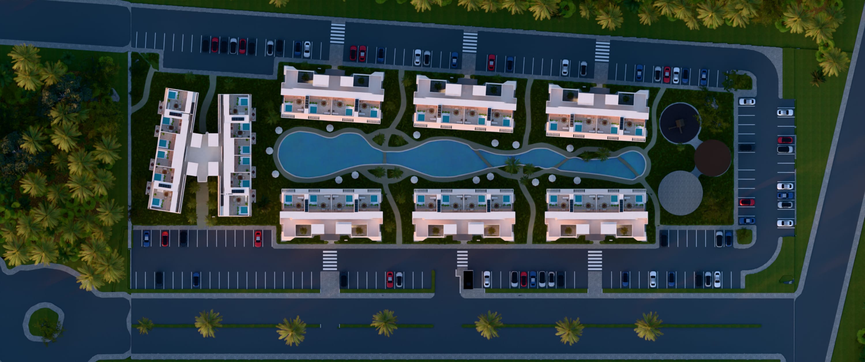 Overhead masterplan of LIORA: eight buildings around the lagoon